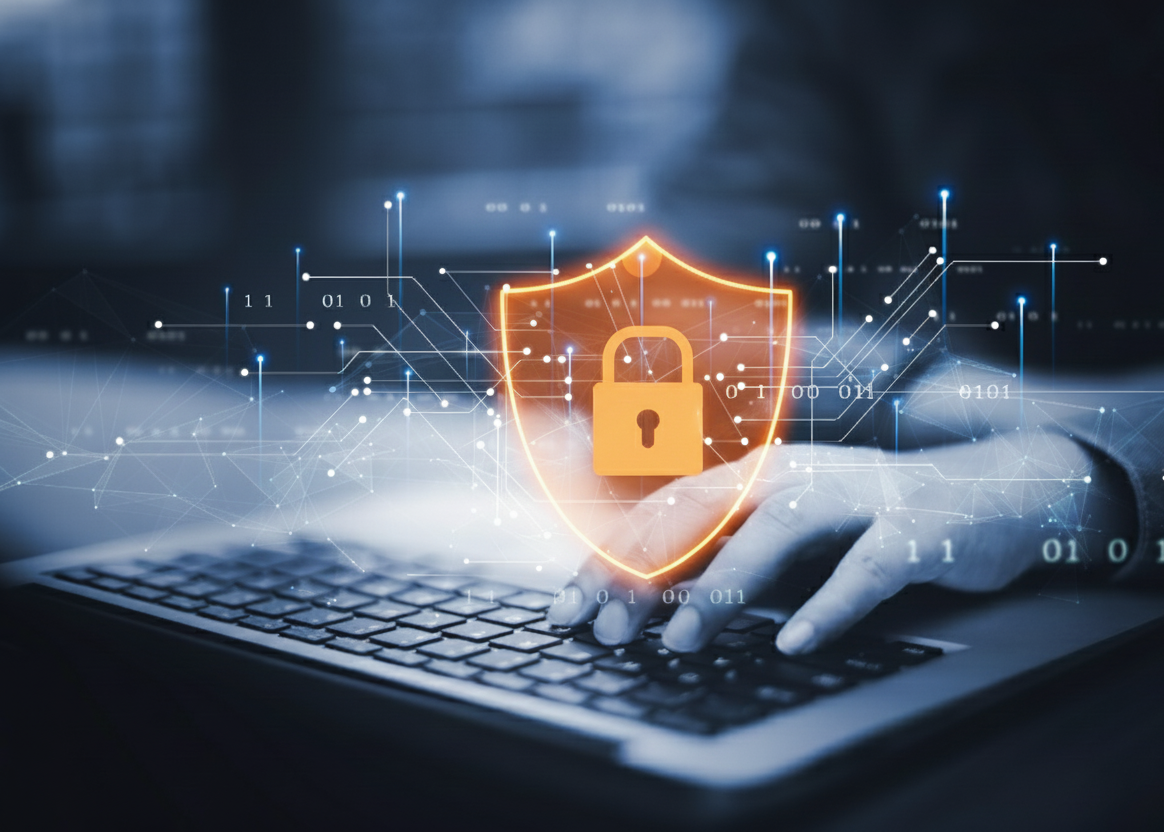 secure server room with AWS infrastructure, data encryption visualization, GDPR compliance symbols, dark tech environment with orange highlights