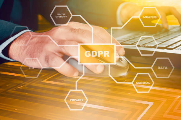 GDPR compliance dashboard with data protection icons, privacy controls interface, European flag elements, professional tech design